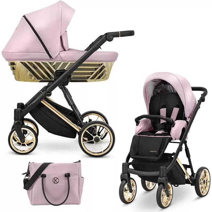Kunert Ivento Glam 3in1 Kinderwagen, pink metallic mit goldenem Rahmen, inkl. Babywanne, Sportsitz und Zubehör