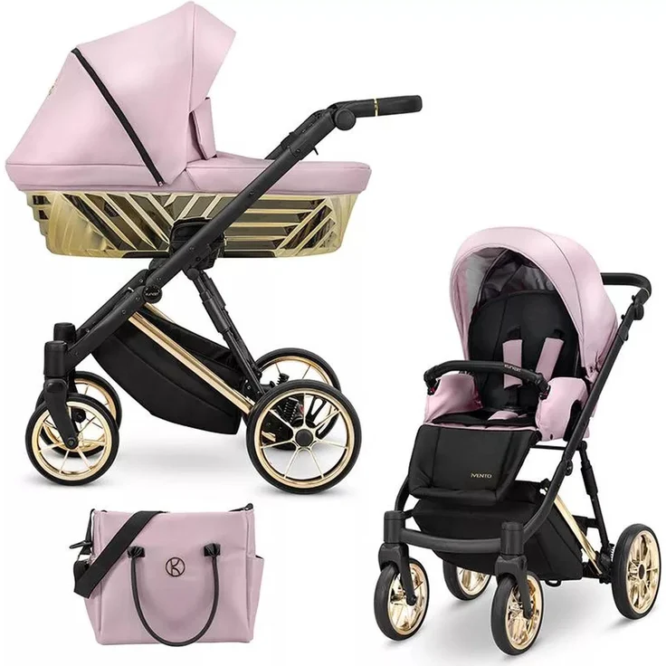 Kunert Ivento Glam 3in1 Kinderwagen, pink metallic mit goldenem Rahmen, inkl. Babywanne, Sportsitz und Zubehör