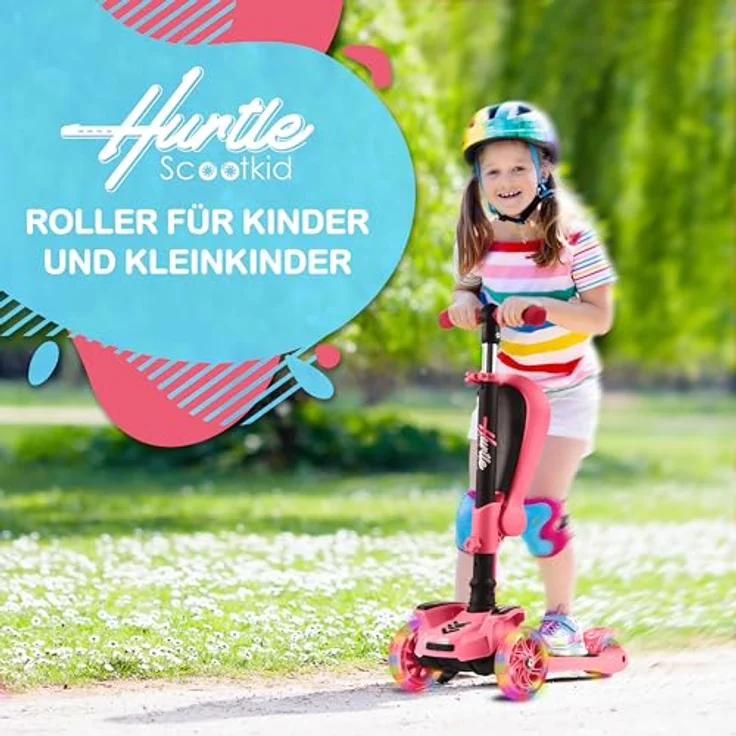 Hurtle ScootKid 3-Rad-Roller mit verstellbarem Lenker, rutschfester Plattform und blinkenden LED-Rädern für Kinder von 2-12 Jahren, abnehmbarer Klappsitz – Bild 3