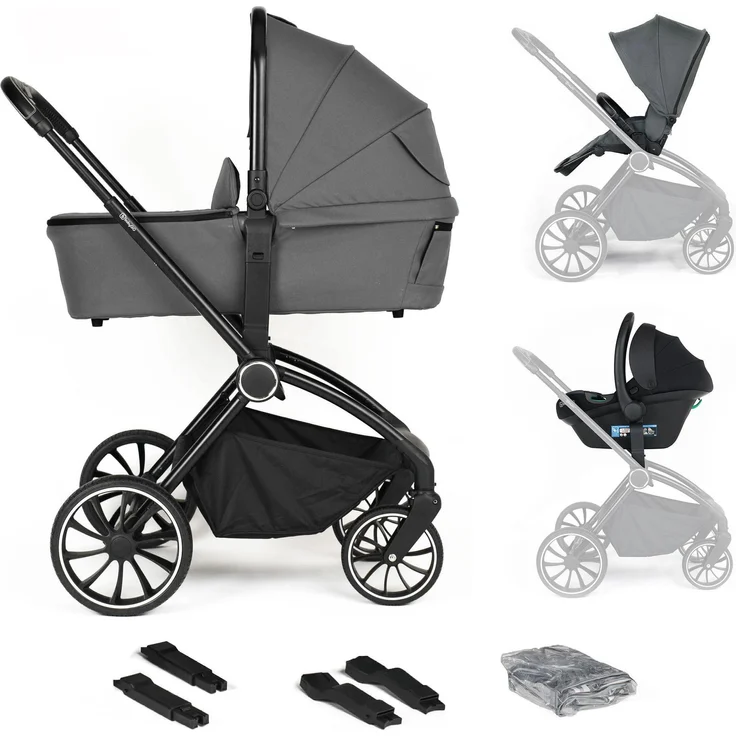 BabyGo Kombikinderwagen 3in1, vielseitig in grau mit schwarzem Rahmen, geeignet für Kinder von 6 Monaten bis 3 Jahren, leicht und manövrierbar