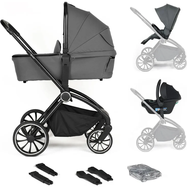 BabyGo Kombikinderwagen 3in1, vielseitig in grau mit schwarzem Rahmen, geeignet für Kinder von 6 Monaten bis 3 Jahren, leicht und manövrierbar