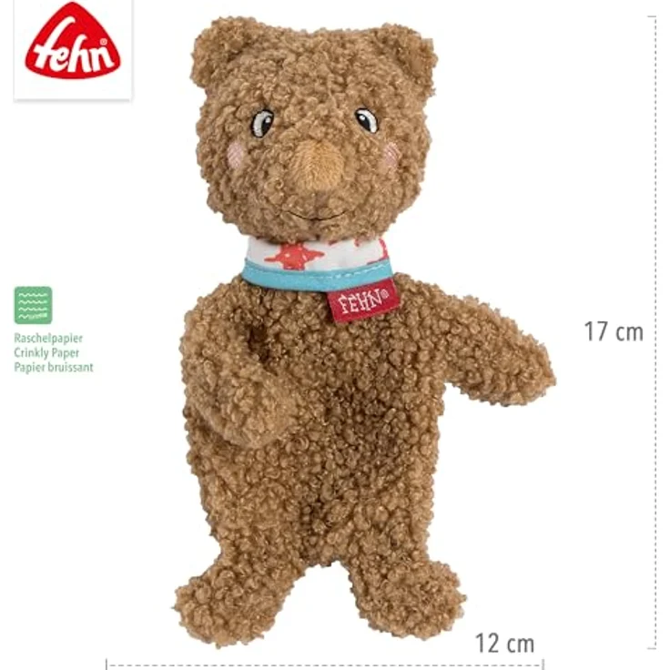 Fehn Knistertier Bär, 17 cm Babyspielzeug aus Curly-Plüsch mit Raschelpapier für Babysinnesentwicklung – Bild 4