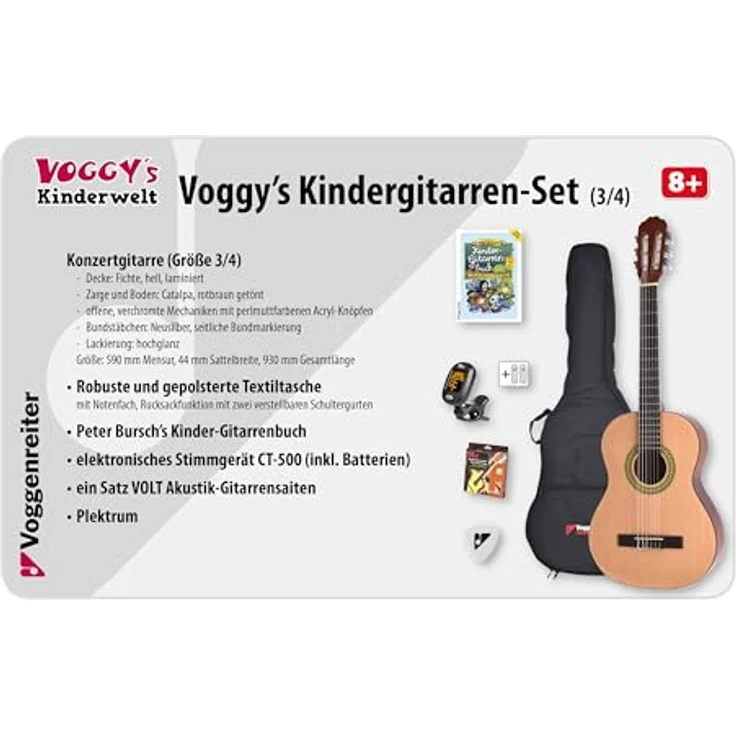 Voggenreiter Voggy Kindergitarren-Set 3/4, 7-tlg, Akustikgitarre, Akustik Gitarre, Erstgitarre, Kindergitarre, Stimmgerät, Ab 8 Jahre, 398 – Bild 3