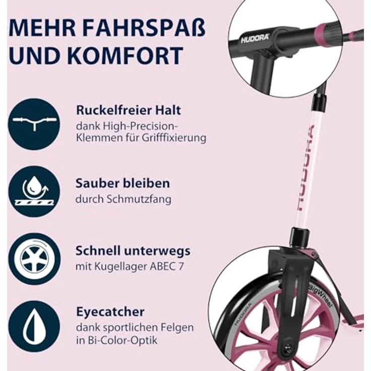 HUDORA BigWheel® 205 Advanced, Aluminium-Tretroller für bis zu 100 kg, höhenverstellbar und zusammenklappbar, rosé – Bild 3