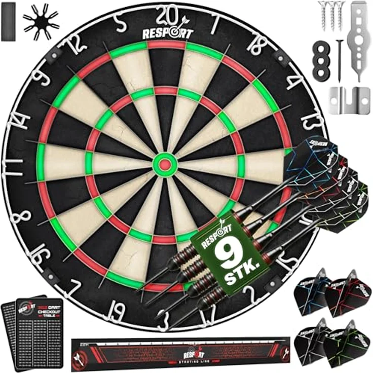 RE:SPORT® Sisal Premium Dartscheibe XXL Set, inkl. 9 Profi Dartpfeile, 24 Pro Flights, Zubehör und Montageset, Steeldart Dartboard mit Metallspitzen für Training und Wettkampf – Bild 1
