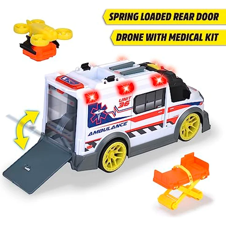 Dickie Toys - großer Spielzeug-Krankenwagen mit vielen Extras (35,5 cm) - Rettungswagen mit Spiel-Drohne, Zubehör, Licht & Sound, Spielzeugauto für Kinder ab 3 Jahre – Bild 2