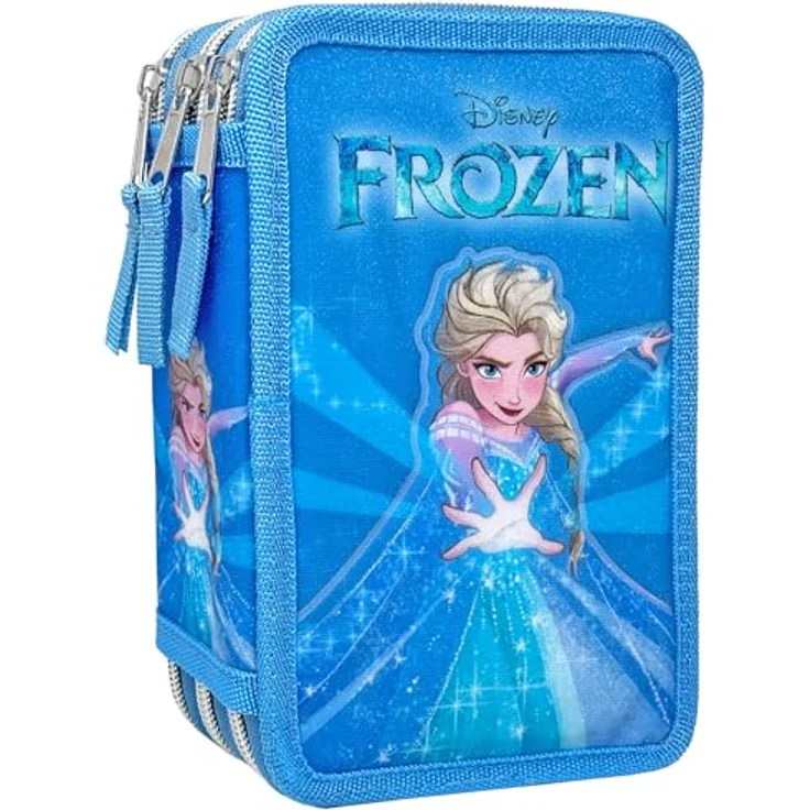 Clondo 3D Federmäppchen Eisige Abenteuer, 3 Fächer für Mädchen, mit 44 Schulzubehör und 3 Reißverschlüssen, 20 cm, offizielles Frozen Die Eiskönigin Design, inklusive Lineal, Buntstifte und Filzstifte – Bild 1