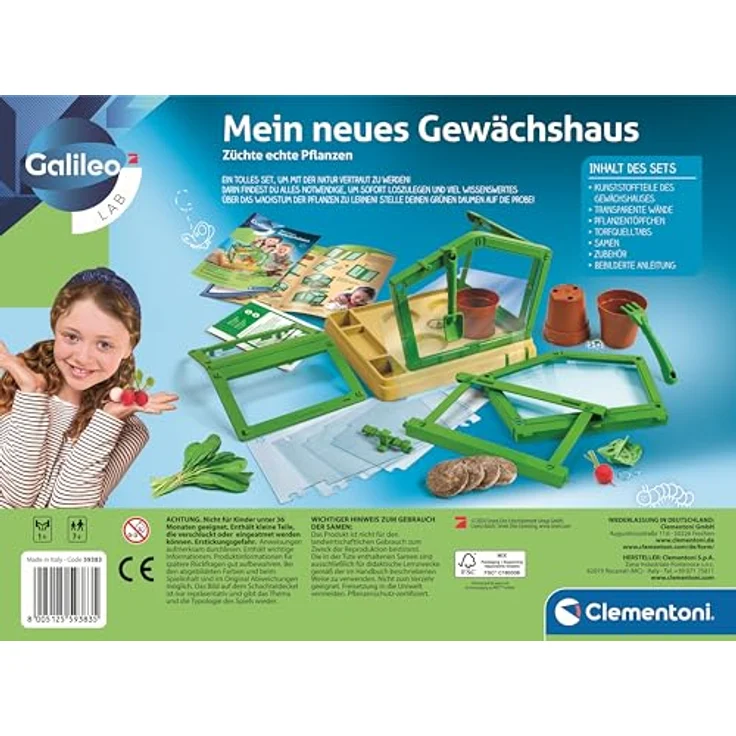 CLEMENTONI Mein neues Gewächshaus Experimentierkasten, transparentes Gewächshaus mit verstellbarem Dach, inkl. Saatgut und Gartengeräte, mehrfarbig, für Kinder ab 7 Jahren – Bild 4
