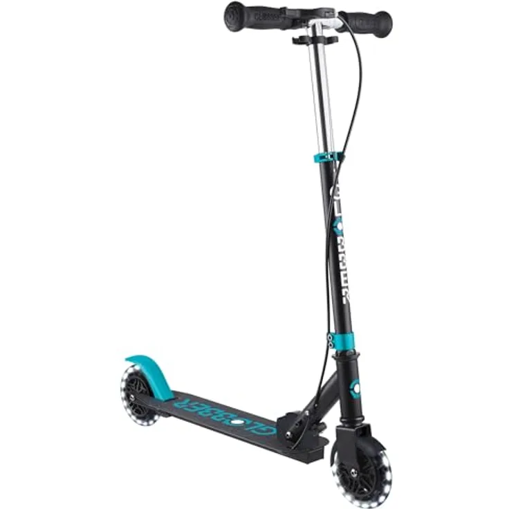 Globber Flow Element Junior Lights, Faltbarer Tretroller mit 2 Rädern, Hinterradbremse, verstellbarem Lenker und LED-Lichtern, für Kinder ab 4 Jahren, Türkis
