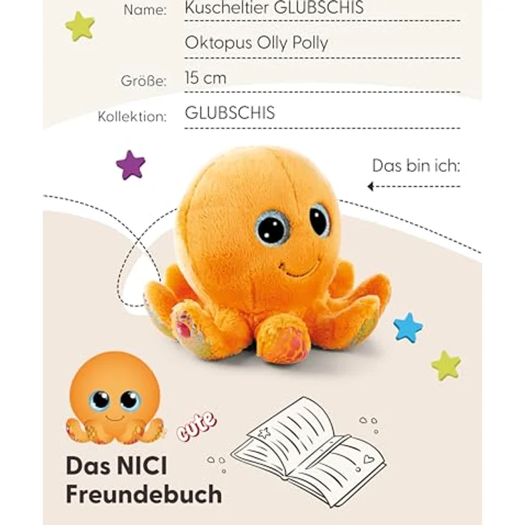 Nici Glubschis Oktopus Olly Polly, 15 cm schlenkerndes Kuscheltier in Orange mit glitzernden blauen Augen – Bild 6