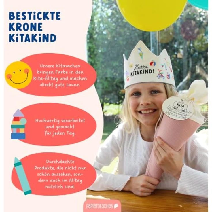 Papierdrachen Krone Kitakind, Beige mit bunter Stickerei, Baumwolle, individuell anpassbar, für den Kindergartenstart – Bild 4