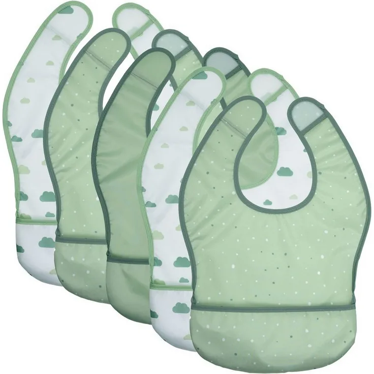 MiaMia Baby Lätzchen Set Grün, 5er Pack mit Auffangschale & Klettverschluss, wasserabweisendes Polyester, maschinenwaschbar
