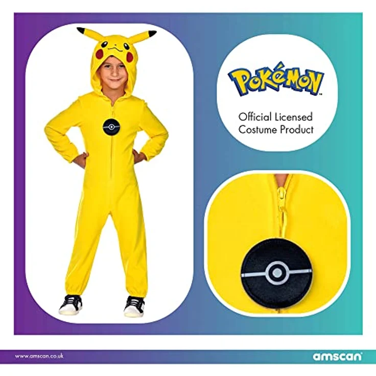 amscan Child Boys Licensed Pikachu Jumpsuit Costume (4-6yr), Fleece Hooded Jumpsuit with 3D Ears and Pokeball Zip Pull – Bild 5