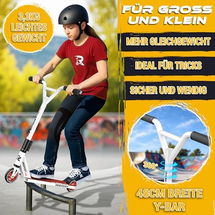 RE:SPORT REVO Stunt Scooter, Profi Kickscooter mit ABEC 9 Kugellagern, 100mm PU Rädern, ergonomischen Griffen und Ständer, für Kinder & Erwachsene – Bild 6