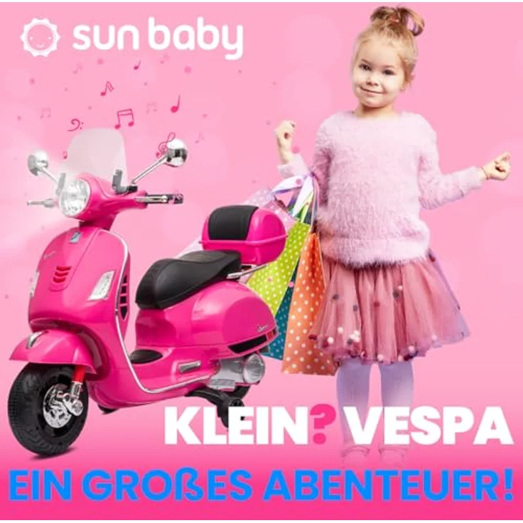 Sun Baby Vespa Elektro Kindermotorrad ab 3 Jahren, Kunststoffräder und -sitze, Kofferraum, MP3-Player, USD MicroSD AUX-Anschluss (Fuchsie) – Bild 2