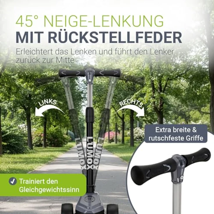 JUSKYS Kinderroller Lumox Schwarz, höhenverstellbarer Dreiradscooter mit LED-Rollen, 4-Farb-Blinkeinstellung, klappbar & Hinterradbremse – Bild 4