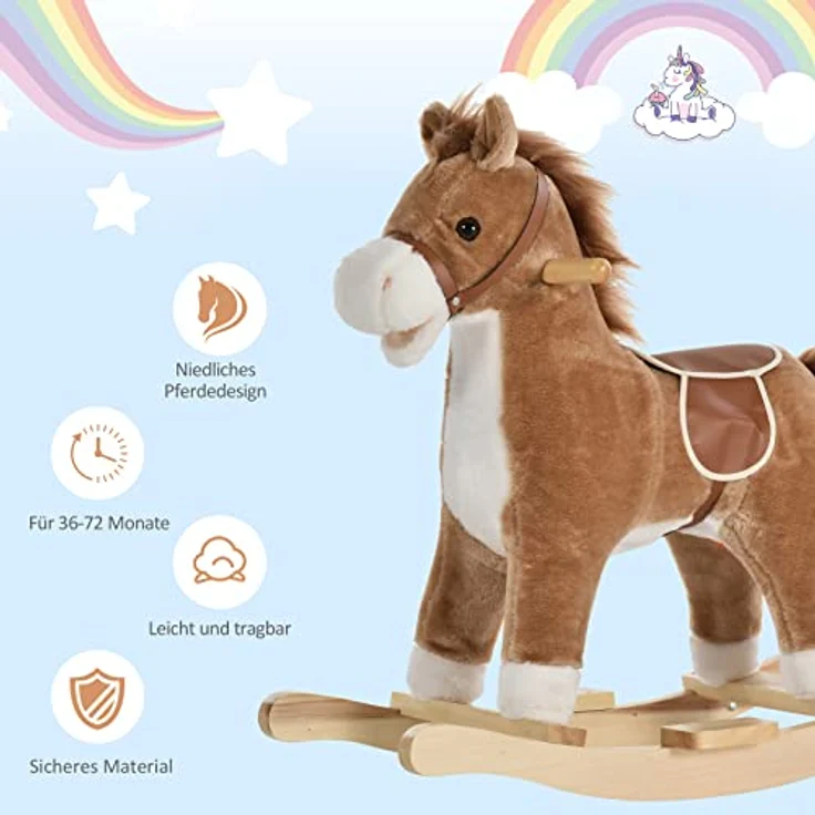 HOMCOM Kinder Schaukelpferd Baby Schaukeltier Pferd mit Tiergeräusche Spielzeug Haltegriffe für 36-72 Monate Plüsch Braun 65 x 32,5 x 61 cm – Bild 4