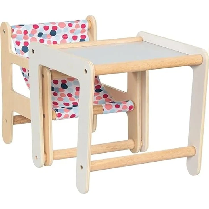 goki 51483 - Hochstuhl als Zubehör für Puppen mit Tisch - im modernen farbenfrohen Design - 2 in 1 Funktion - Puppenmöbel aus Holz und Stoff – Bild 2