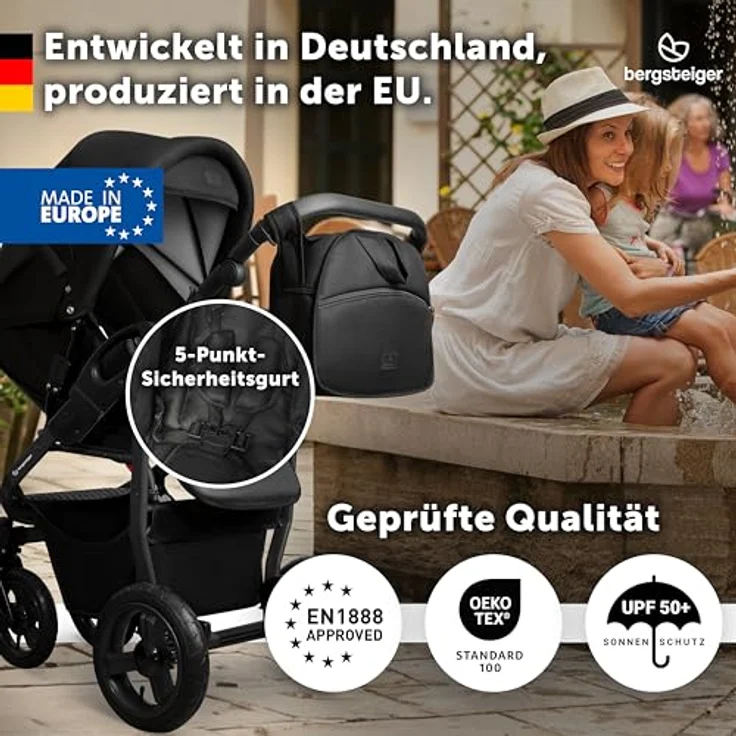 Bergsteiger Capri Kombikinderwagen 4-in-1, Babywanne, Sportsitz, i-Size Babyschale, Isofix-Station, höhenverstellbar, faltbar, Luftreifen, Zubehör – Bild 4