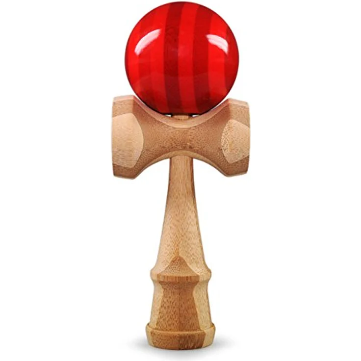 Ganzoo Kendama, Holz-Sportgerät aus Buche mit 3 Fangmulden, 16 cm, rot Streifen, Training für Reaktion und Koordination – Bild 1