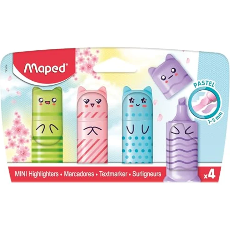 Maped - niedliche Mini-Format Textmarker PASTELL MINI - 4 verschiedene Pastellfarben: lindgrün, rose, hellblau, flieder – Bild 1
