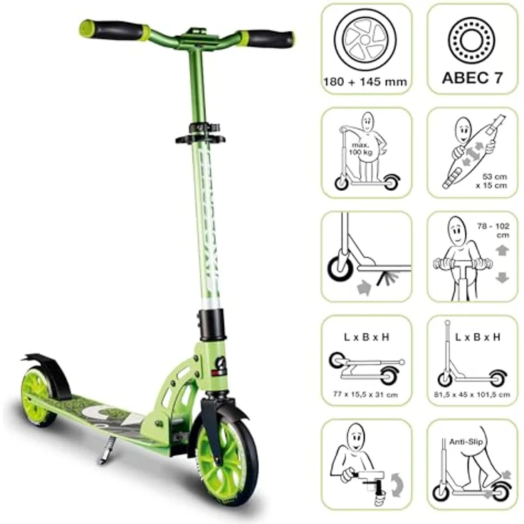 Six Degrees Kinderroller klappbare Fußbremse Grün/Schwarz, Aluminium Scooter Junior 180 mm – Bild 2