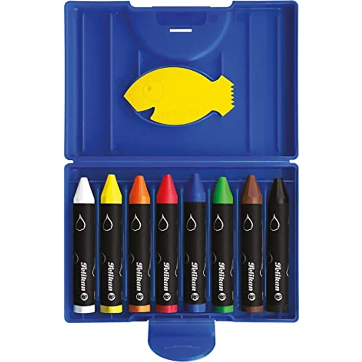 Pelikan Wachsmalstifte wasservermalbar Kunststoff-Etui blau mit 8 dicken runden Stiften und Schaber – Bild 3