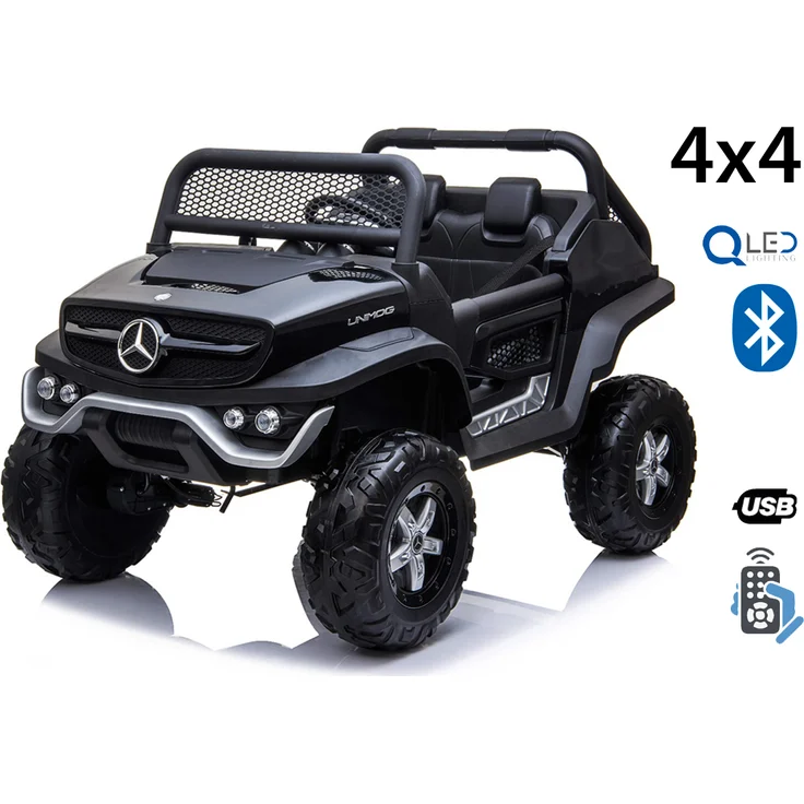 Beneo Elektro-Aufsitz-Spielzeugauto Mercedes-Benz UNIMOG - Schwarz, 2,4-GHz-Fernbedienung, 4x4, Zweisitzer, Federung, Startknopf, weiche EVA-Räder, USB, Bluetooth