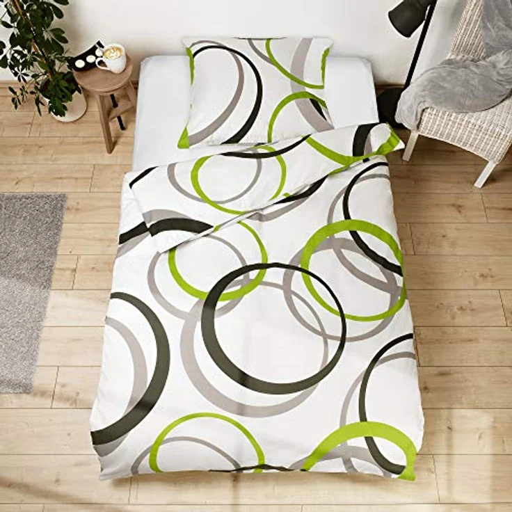 Beautissu Renforcé Bettwäsche 135x200 cm 2er Set Nina - Kinderbettwäschen, 100% Baumwoll Bettwäsche mit Reißverschluss, Ganzjahresbettwäsche, graue und grüne Kreise – Bild 4
