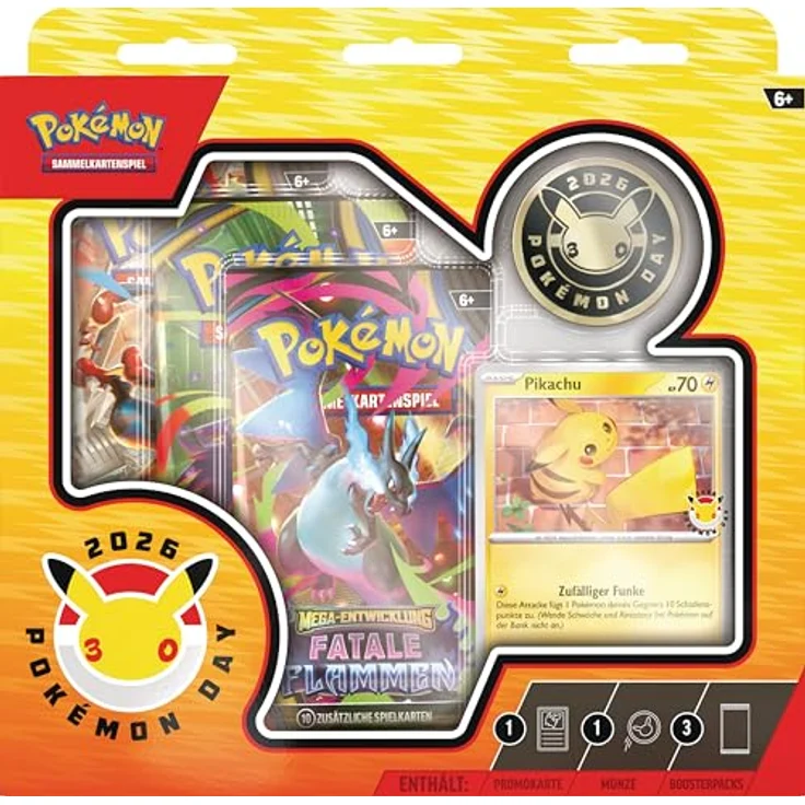 Pokémon Pokémon-Sammelkartenspiel: Kollektion Pokémon Day 2026 mit holografischer Pikachu-Promokarte, 30. Jahrestags-Münze und 3 Boosterpacks – Bild 2