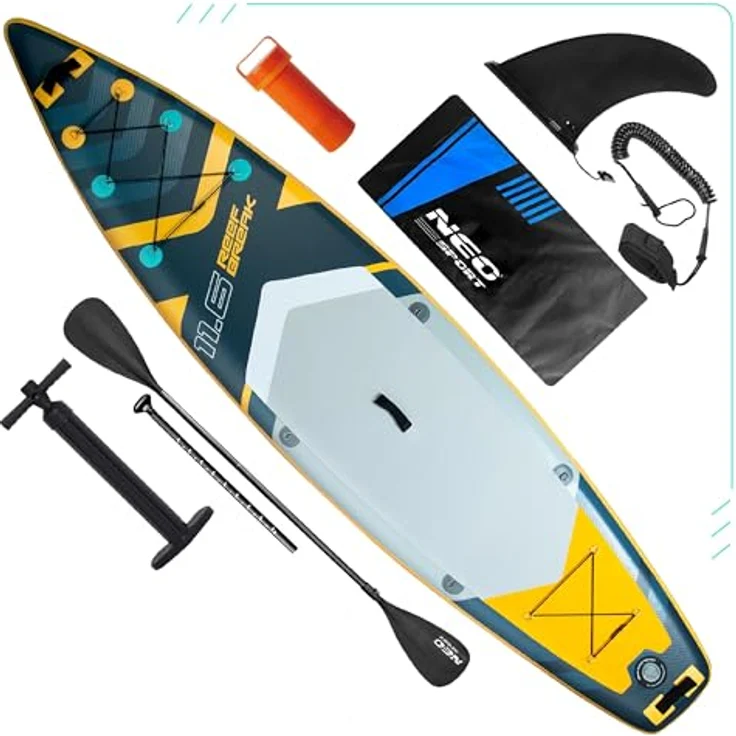Neo-Sport Reefbreak 11.6, Aufblasbares Stand Up Paddle Board Set, 350 cm, inkl. Doppelpaddel, Handpumpe, Leash, Rucksack, für bis zu 150 kg, rutschfestes EVA-Deck – Bild 1