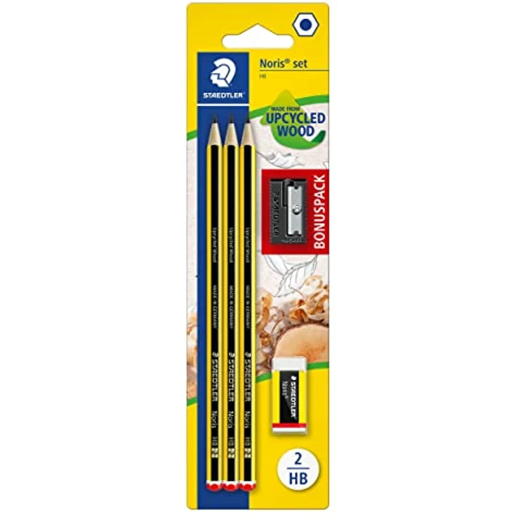 STAEDTLER Bleistifte Noris, HB, sechskant, Set mit 3 unglaublich bruchfesten Bleistiften, 1 Spitzer, 1 Radiergummi, hohe Qualität Made in Germany, 120 SBK3P1 – Bild 1