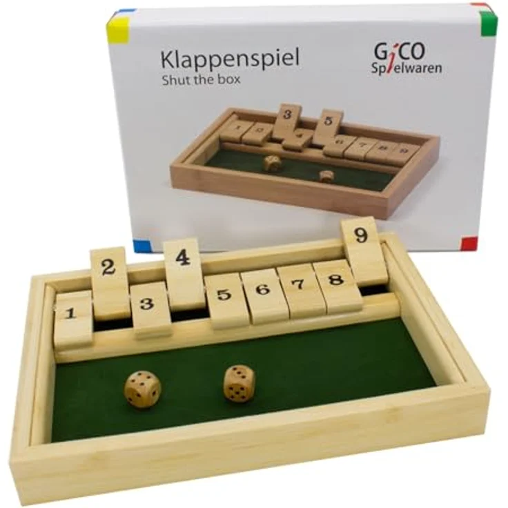 GICO Shut The Box Spiel/Klappenspiel aus Holz - Hochwertige Spielkassette mit Klappen von 1-9, für Kinder und Erwachsene, Original GICO Markenartikel, 24 x 17 x 2,5 cm – Bild 1