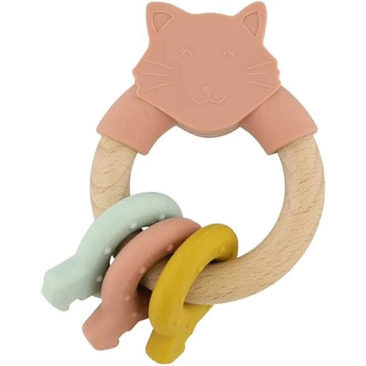 Trixie Baby Wooden Silicone Activity Ring - Mrs. Cat, Holzschlüsselring mit 3 Silikonschlüsseln für Feinmotorik und Zahnen