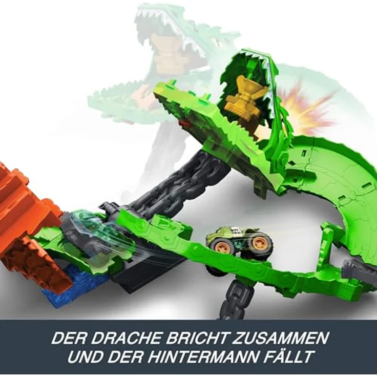 Hot Wheels Sharks vs. Dinos Drachenzerstörungs-Spielset mit Monster Trucks Great Bite und Rageasaur im Maßstab 1:64, inklusive Kettensägen-Spurwechsler und kompatibel mit weiteren Hot Wheels Tracks – Bild 5