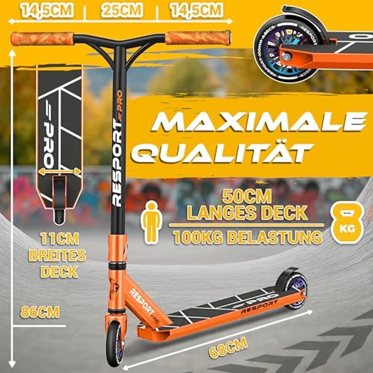 RE:SPORT REVO PRO Stunt Scooter, Profi Stuntroller mit 110mm PU Rädern, ABEC 9 Kugellager, Y-Bar, inkl. Ständer, für Kinder & Erwachsene – Bild 7