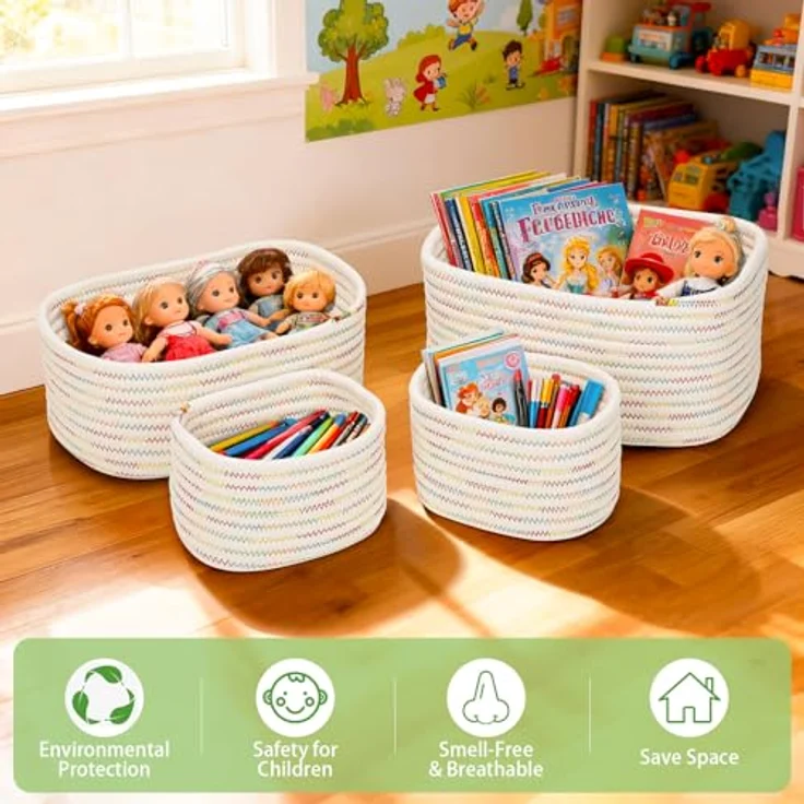 Withosent 4er Set Geflochtene Aufbewahrungskörbe aus Baumwollseil, stapelbare Organizer für Kinderzimmer, Wohnzimmer und Bad, in 3 Größen (32x23x14 cm, 29x20x12 cm, 18x13x10 cm) – Bild 2
