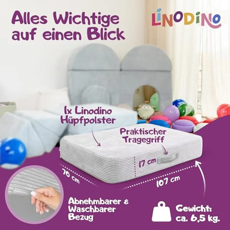 Hüpfpolster Elefanten Grau mit Federkern, rutschfester Unterseite, Tragegriff und abnehmbarem, waschbarem Cord-Bezug – Bild 7