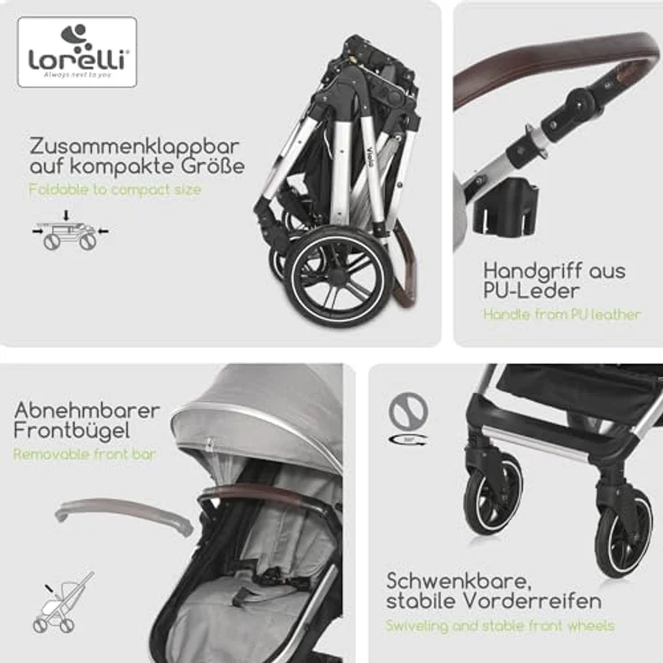 Lorelli Kinderwagen Viola 2 in 1, Kombikinderwagen bis 22 kg inkl. Babywanne und Sportsitz, Sportbuggy, Reisebuggy, Baby Buggy klein zusammenklappbar, große Gummireifen, Federung, blumenmotiv – Bild 5