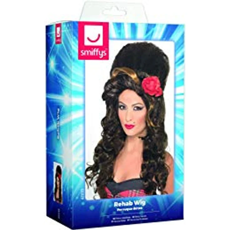 "Smiffys Kostüm-Perücke 50er Jahre Perücke - Beehive Langhaar Perücke in Braun mit blonder Strähne und roter Blüte, Stilechtes Accessoire à la Amy Winehouse" – Bild 4