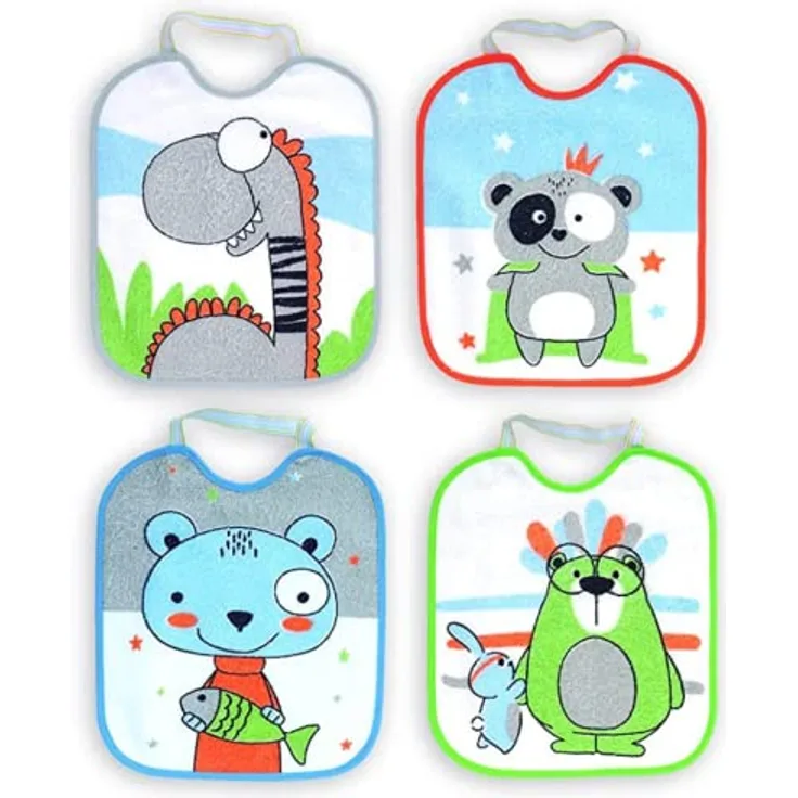 Ti TIN | 4er-Pack- wasserdichte Babylätzchen, 23x28 cm | Lätzchen mit elastischem Verschluss für Babys von 6-18 Monaten Jahren, 73% Baumwolle-27% Polyester-Vinyl-Futter