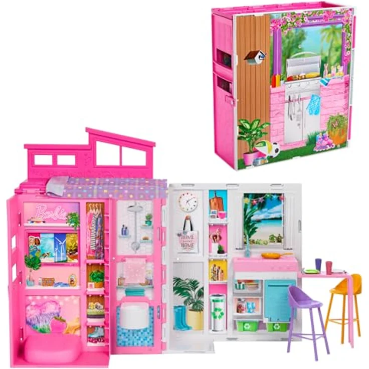Barbie Barbie-Puppenhaus Spielset, Ferienhaus mit 4 Spielbereichen, inkl. Küche, Badezimmer, Schlafzimmer und Lounge, 11 Deko-Zubehörteile, HRJ76 – Bild 1