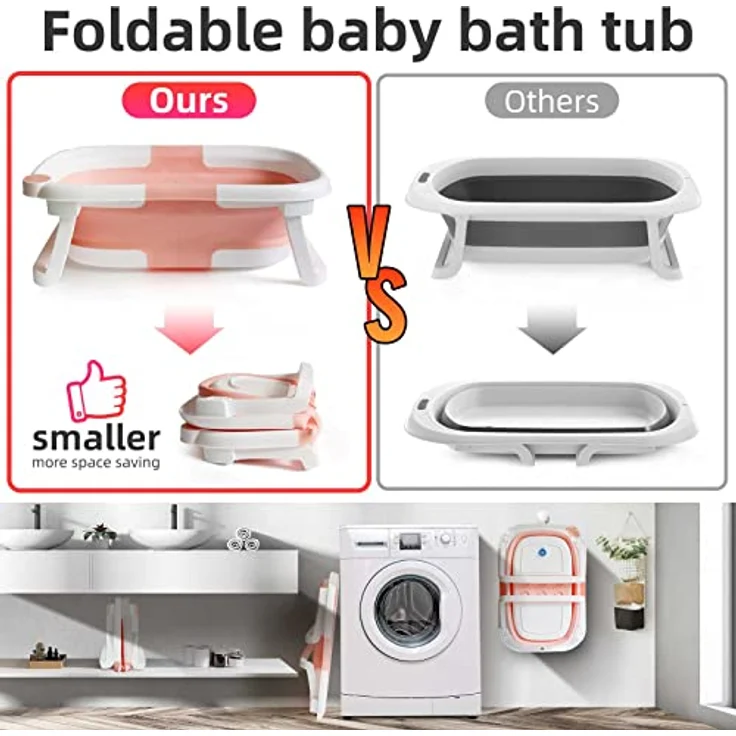 Baby Badewanne Faltbare Babybadewanne Kinder, Neugeborene Baby-Plastikbadewanne mit faltbaren Anti-Rutsch-Beinen Zusammenklappbare Badewanne für das Baden von Kleinkindern | Rosa und Weiß – Bild 4