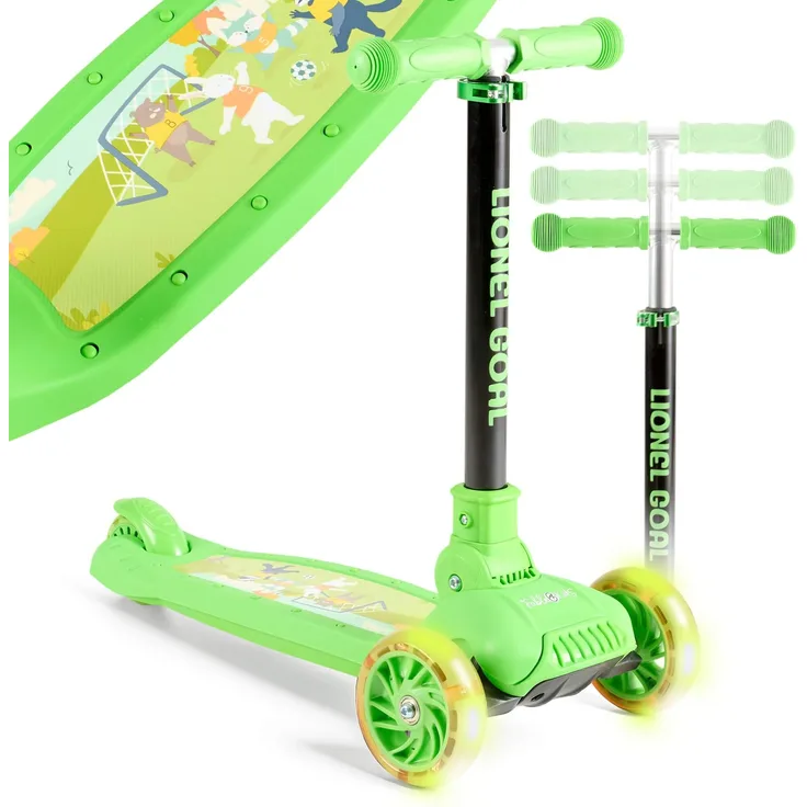 FableKids Kinderscooter Grün, Cityroller mit LED-Rädern, 3-Rad-Design, höhenverstellbar, ab 3 Jahren, bis 50 kg
