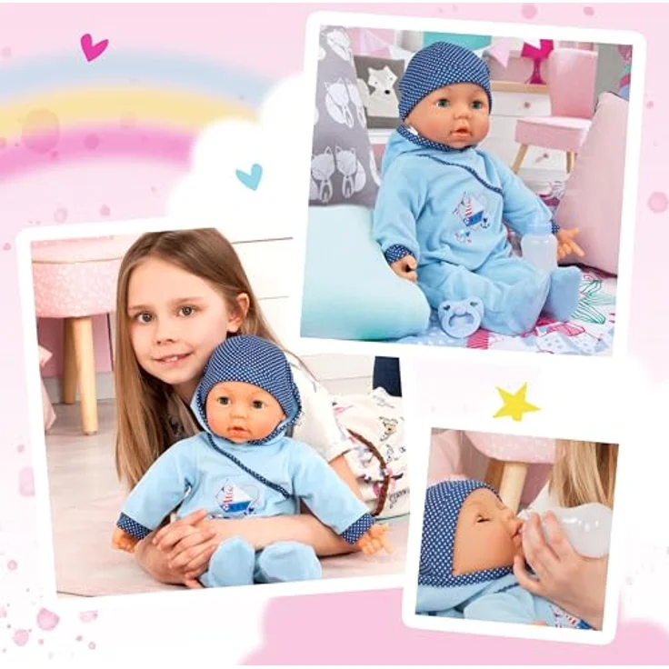 Bayer Babypuppe Hello Baby Boy, 46 cm Funktionspuppe mit schmatzenden Geräuschen und Augenbewegung – Bild 2