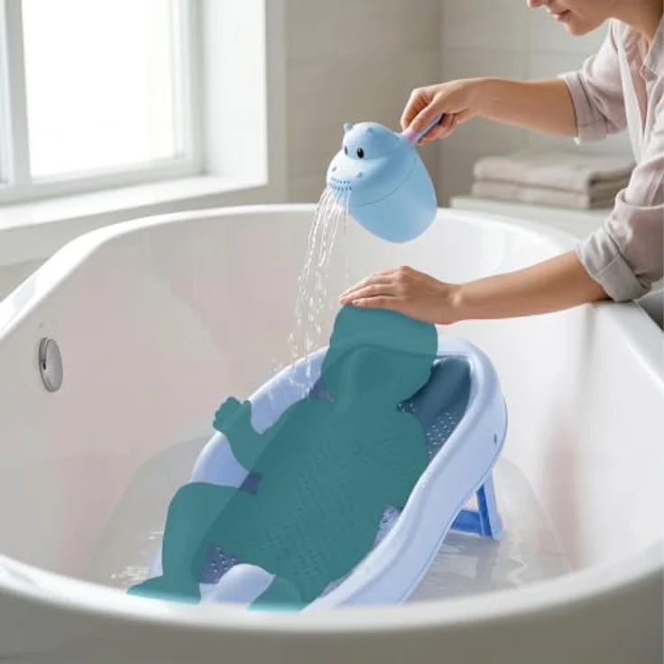 Relaxdays Baby-Badehilfe Set, rutschfeste Badestütze mit tränenfreiem Haarwaschbecher, blau, HBT: 19x51,5x30 cm – Bild 3