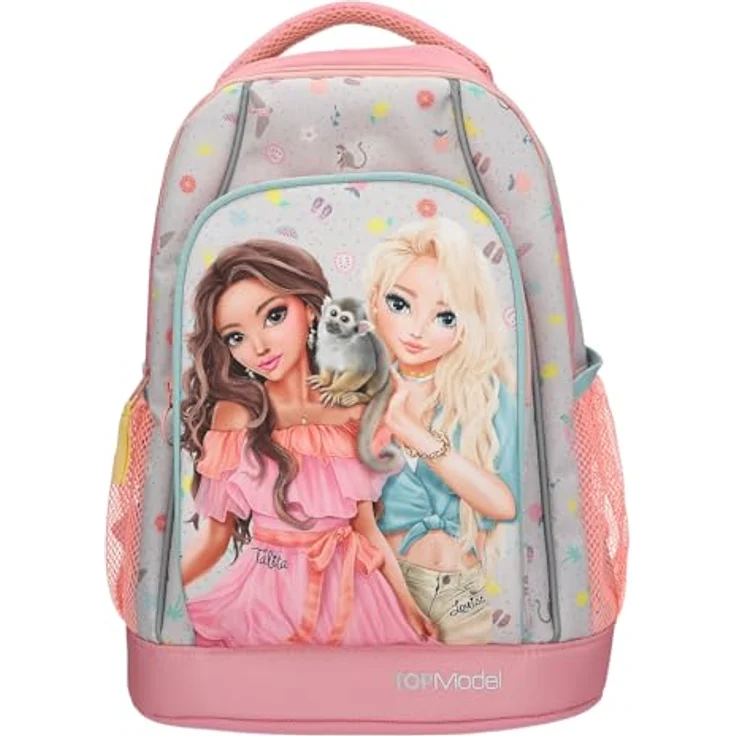 Depesche TOPModel Juicy Schulrucksack Trolley, rosa und grün, mit Model Motiv, Blumenmuster, Teleskopgriff und Rollen, 43 x 34 x 23 cm – Bild 1