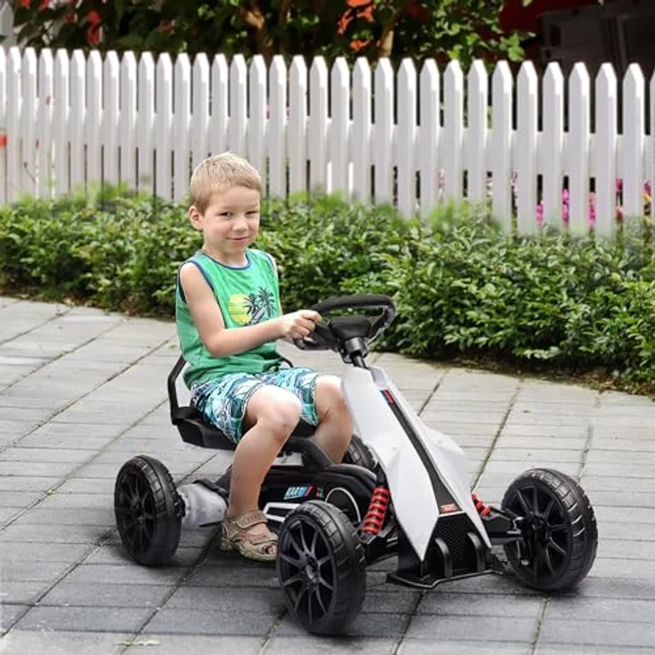 HOMCOM Elektro Gokart 12 V für Kinder, verstellbare Geschwindigkeiten 3-5 km/h, Sicherheitsgurt, für 3-8 Jahre, Weiß – Bild 2