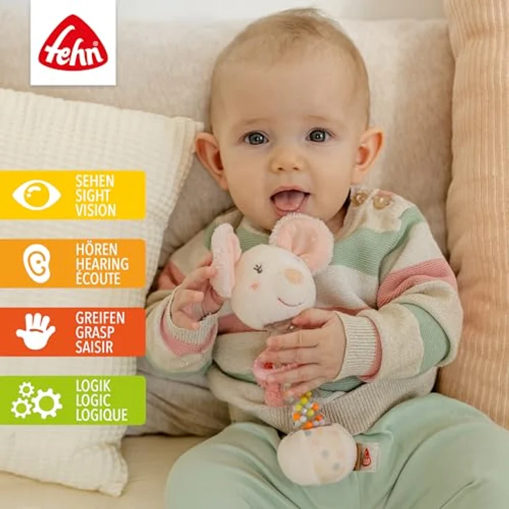 Fehn feehnLAND Regenmacher Maus, Greifspielzeug mit Rasselstab und „Glow-in-the-dark“ Bestickung, rosa – Bild 2