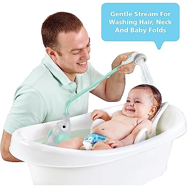 Yookidoo Duschkopf für Baby-Badewanne, Elefanten-Wasserpumpe mit 2-Knopf Wasserflusskontrolle für Neugeborene, türkis – Bild 2